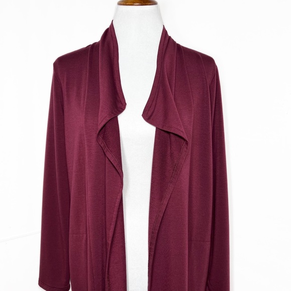 J. Jill Waterfall Draped Open Front Long Knit Burgundy Cardigan Small - Picture 7 of 10